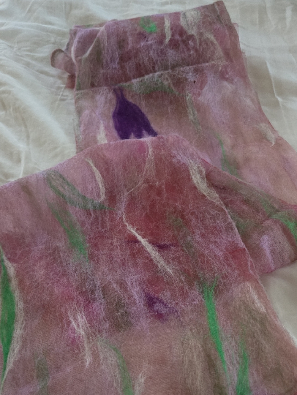 Handfelted Wool  Scarf in Pink with Green & Purple Accents